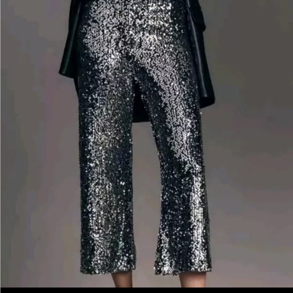 Anthropologie size 32 Maeve Collette black sequin wide leg cropped pants - Picture 2 of 9